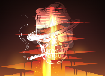Cracked hole in ground with lava or magma fire and smoker skull vector illustration