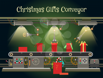 Christmas gift wrapping machine conveyor. Christmas industrial factory machinery vector illustration