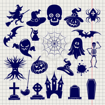 Halloween popular elements sketch on notebook background. Vector illustration
