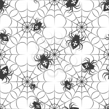 Monochromic seamless pattern with spiders and spider web. Halloween pattern vector illustration