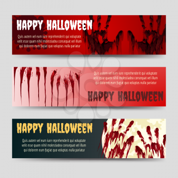 Happy halloween horizontal banners set with blood handprints vector