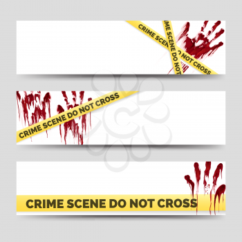 Crime banners with bloody handprints and police crime scene scoth. Clean crime banners set. Vector illustration
