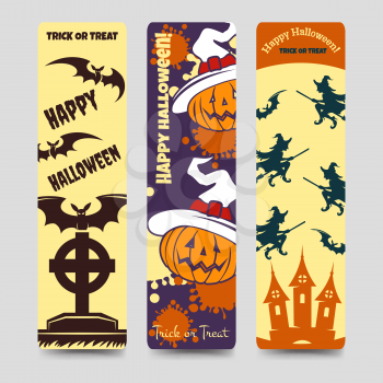 Halloween flat bookmarks with pumpkin bat headstone witch. Vector ilustration