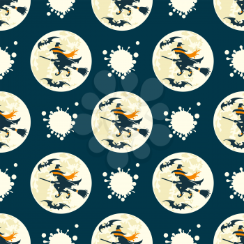 Halloween seamless pattern with full moon witch and bats. Vector illustration
