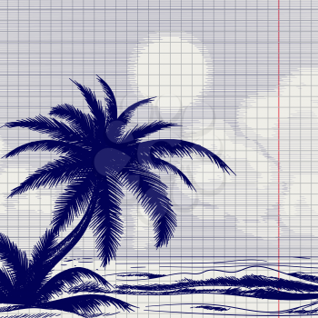 Ball pen palm tree and ocean front sketch on notebook page. Vector illustration