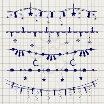 Ball pen sketch of christmas garlands on notebook page. Vector illustration