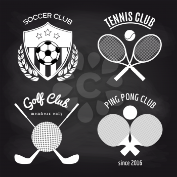 Set of sport banners on chalkboard. Football tennis ping pond and golf banners collection. Vector illustration