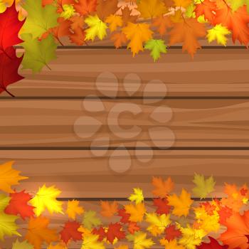 Wood background with autumn maple leaves vector illustration