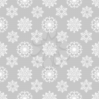 Winter background with frozen snowflakes on grey backdrop. Snowflakes seamless pattern. Vector illustration
