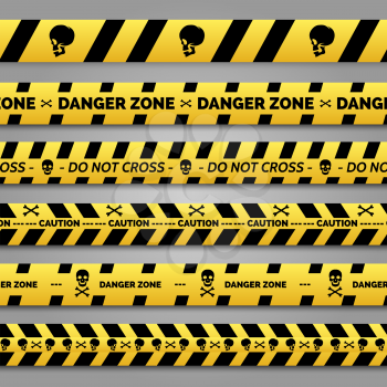 Danger tapes set vector - yellow and black danger tapes with skulls and bones cross