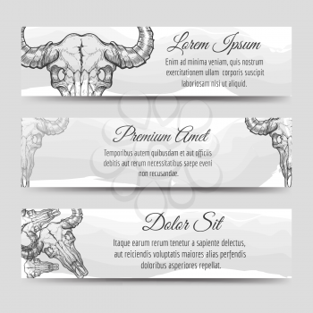 Ethnic horizontal banners template with watercolor elements and buffalo skull vector