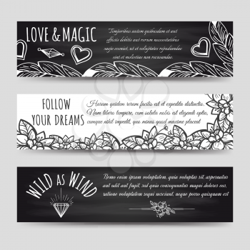 Ethnic banners template set with flowers arrows and feathers and hand drawn lettering. Vector illustration