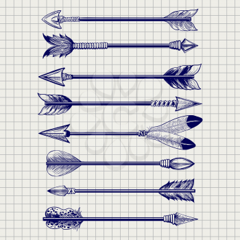 Hand drawn feathery arrows sketch on notebook page. Vector illustration