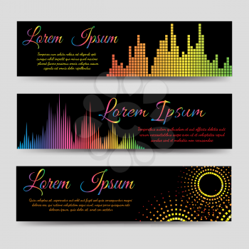 Abstract horizontal banners template with colorful soundwaves vector illustration