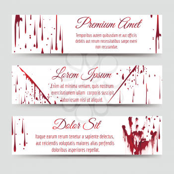Horror banners template with bloody handprint scratch and blood drops. Vector illustration