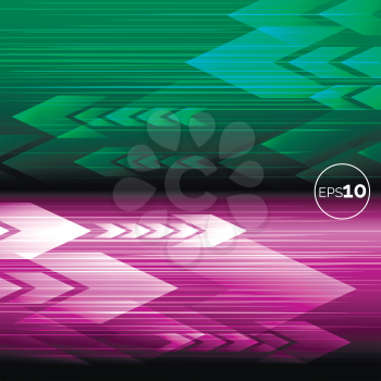 Abstract tech motion lines and arrows pink and green backgrounds. Vector illustration
