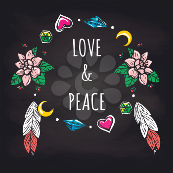 Colorful boho wreath with flowers feathers on blackboard background. Vector illustration