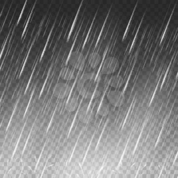 Rain vector background. Falling water drops on transparent