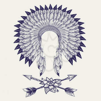 Hative american headdress from feathers and arrows with flower. Vector illustration