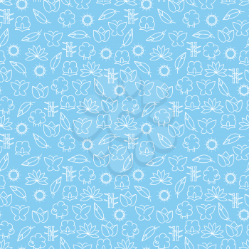 Line icons seamless pattern vector. Blue line sheep lily clouds leaves etc