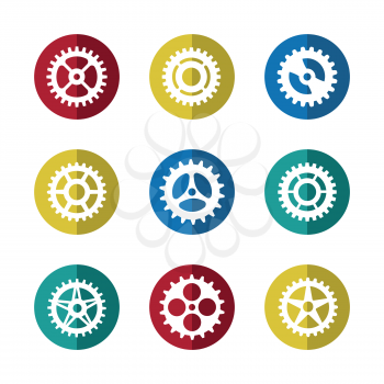 Gears icon set on colorful circles on white background. Vector illustration