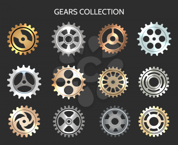 Metal gears vector illustration. Metallic clock cogwheels isolated on black background