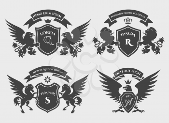 Crests logo set. Vector heraldry royal symbols with horses, gryphons and lions
