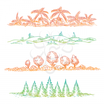 Hand drawn nature landscape with tree palms flovers and fir tree. Vector colorful landscape borders