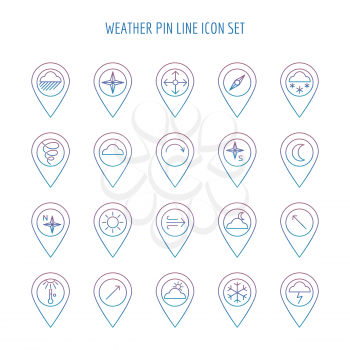 Colorful weather line icons pin vector collection on white background