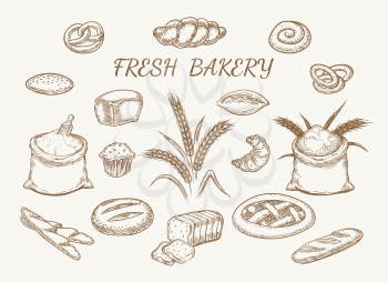 Fresh bakery hand drawn elements. Group of bread food and bakeries products sketch for restaurants baking menu