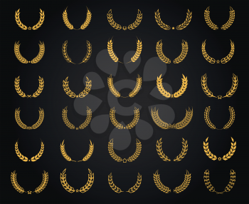 Vector wheat wreath set. Golden flat circle award wreaths isolated on black background for achievement design