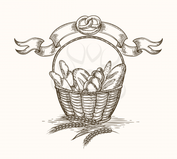 Wheat bakery basket vector sketch. Freshly baked bread box hand drawn illustration isolated on white background