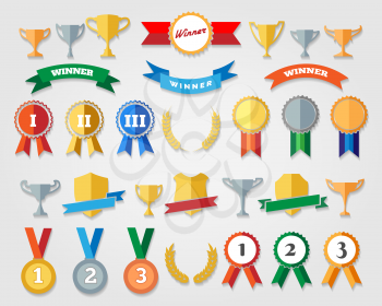 Flat trophy cup and award icons vector illustration. Winning, success and prize signs isolated with shadows