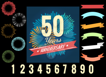 Anniversary celebration logo elements. Numbers, fireworks and ribbons vector illustration