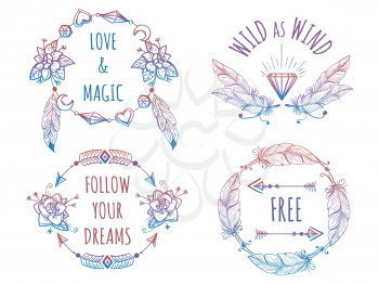 Colorful bohemian banners with arrows flowers and feathers and lettering signs. Vector illustration