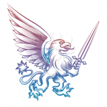 Colorful hand drawn heraldy griffon with sword isolated on white background. Vector illustration