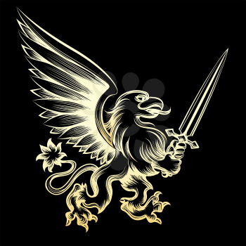 Golden heraldy gryphon with sword on black background. Vector illustration