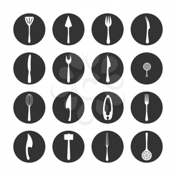 Crockery icon set vector illustration. White crokery elements on black rounds