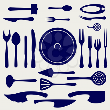 Crockery vector icons set. Spoon, knifes, forks, dish and other kitchen elements on grey background