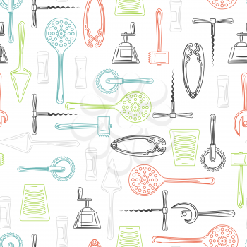 Hand drawn kitchen utensils seamless pattern. Vector color cutlery background