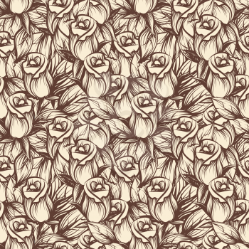 Vintage seamless pattern with hand dawn rose bud. Vector abstract floral seamless pattern