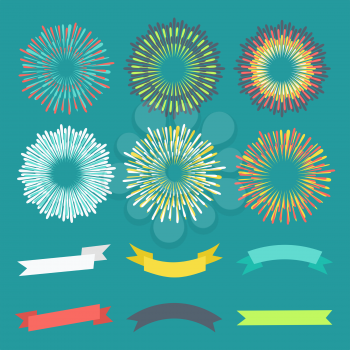 Colorful anniversary banners and fireworks elements collection. Vector illustration