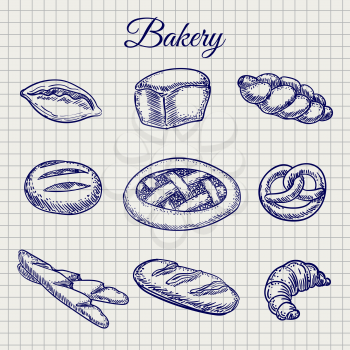 Hand drawn bakery products. Vector bread, bun, baguette etc on notebook page background