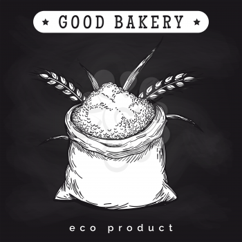 Eco mill product logo on chalkboard. Vector whole bag of wheat flour and ears of wheat