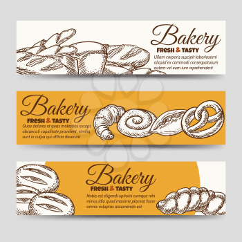 Bakery horizontal banners template. Vector banners with bun, croissant, bread etc
