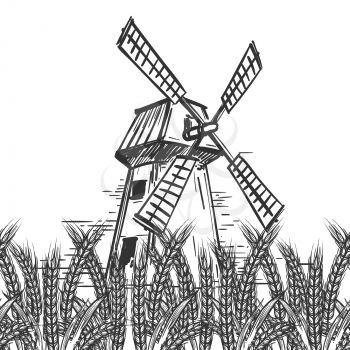 Farm landscape with hand drawn mill and wheat ears on white background. Vector illustration