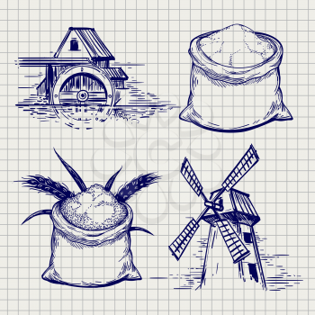 Hand drawn farm or agricultural objects. Vector mill and whole bag of wheat with wheat ears