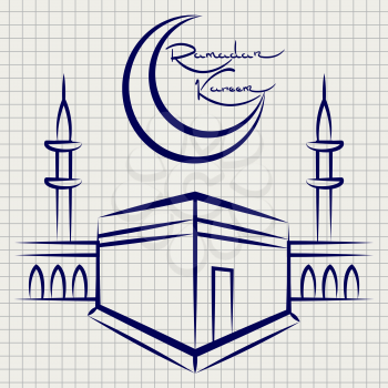 Ramadan kareem mosque on notebook page. Vector ballpoint pen sketch of mosque