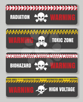 Danger and caution signs with skulls. Warning tape safety black hazard banners vector illustration