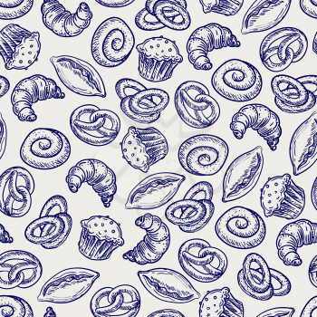 Ballpoint pen drawing bakery or pastries seamless pattern. Vector bakery seamless texture